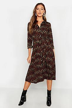 Boohoo Mixed Leopard Print Belted Midi Shirt Dress