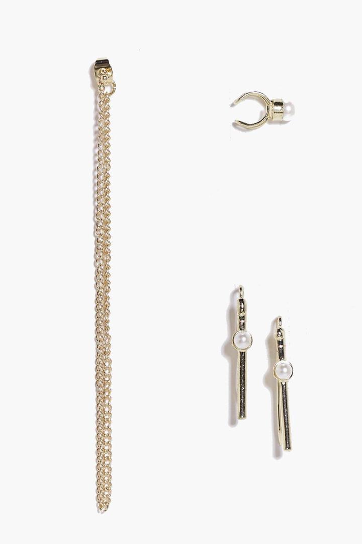Boohoo Nadia Pearl And Chain Mixed Earring Set Gold