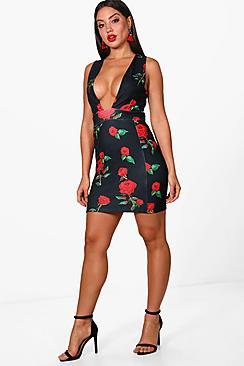 Boohoo Tanya Rose Print Plunge Neck Bodycon Dress