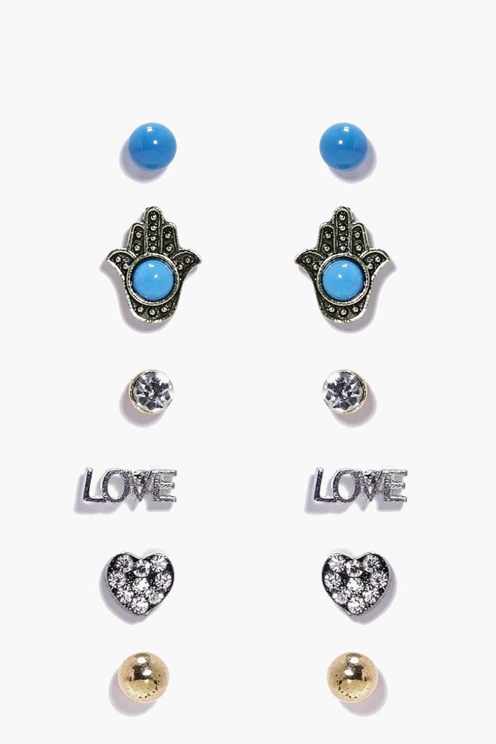 Boohoo Phillipa Hamsa & Love Stud Earring Set Multi