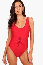 Boohoo Tall Ava Eyelet Lace Up Detail Swimsuit