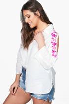 Boohoo Plus Indea Embroidered Open Shoulder Shirt White
