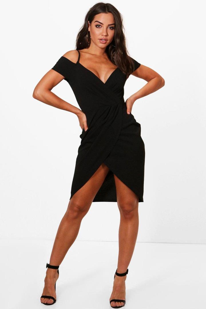 Boohoo Bella Wrap Cold Shoulder Midi Dress Black