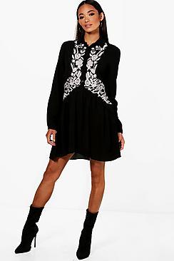 Boohoo Lola Embroidered Drop Hem Shirt Dress