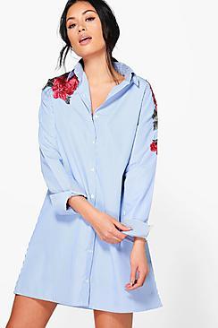 Boohoo Fleur Embroidered Shirt Dress