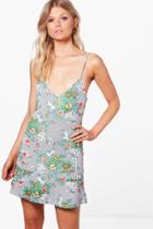 Boohoo Petite Lola Floral Stripe Strappy Pep Hem Dress Navy