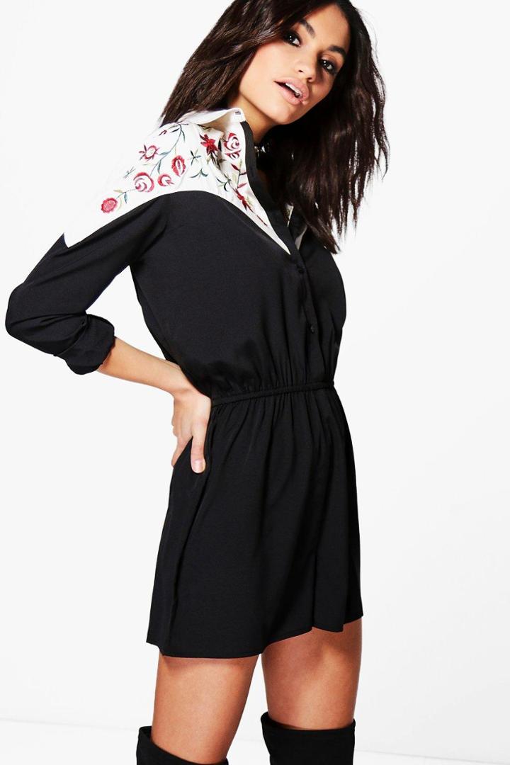 Boohoo Mia Embroidered Western Style Shirt Playsuit Black
