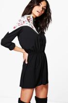 Boohoo Mia Embroidered Western Style Shirt Playsuit Black