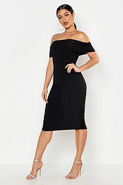 Boohoo Ribbed Off The Shoulder Midi Dress