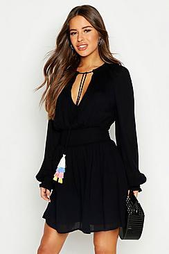 Boohoo Petite Tassel Trim Shirred Waist Skater Dress