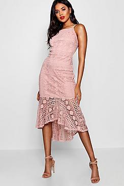 Boohoo Lace Ruffle Hem Detail Midi Dress