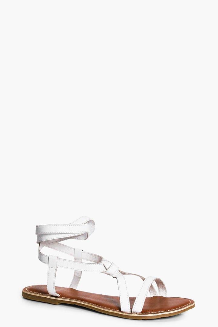 Boohoo Amber Leather Wrap Strap Sandal White