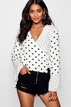 Boohoo Mix Spot Wrap Blouse
