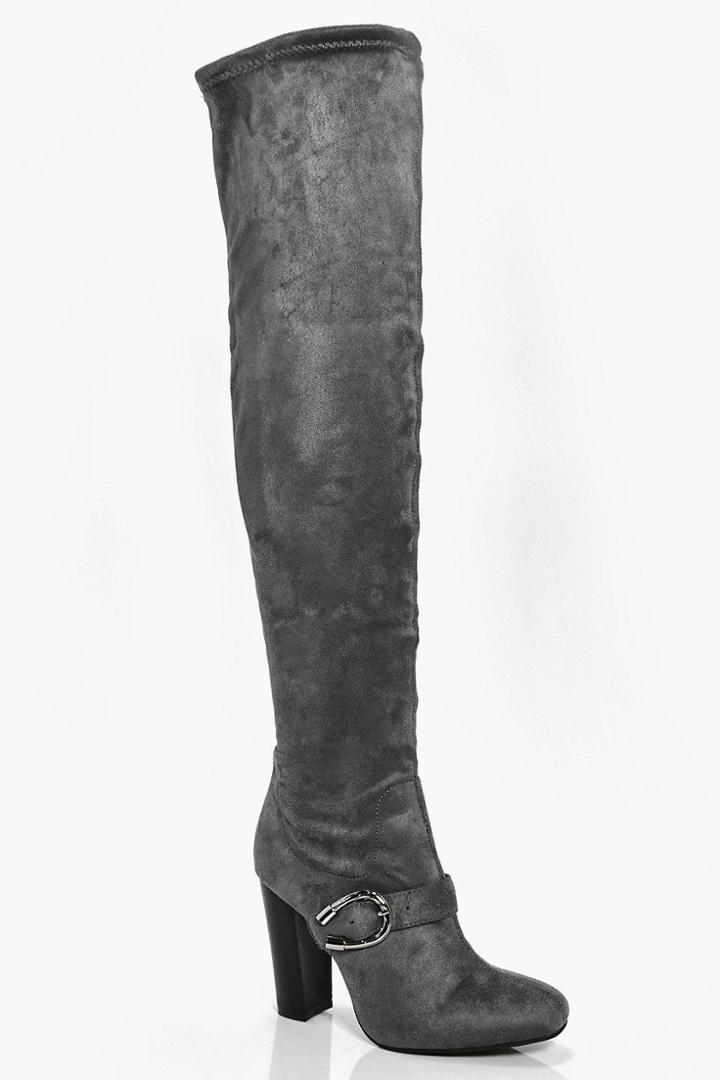 Boohoo Anya Buckle Trim Over The Knee Boot Grey