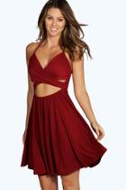 Boohoo Evie Strappy Cross Front Skater Dress Berry