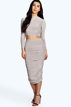 Boohoo Suvi Rouched Sleeve Midi Skirt Co-ord Set