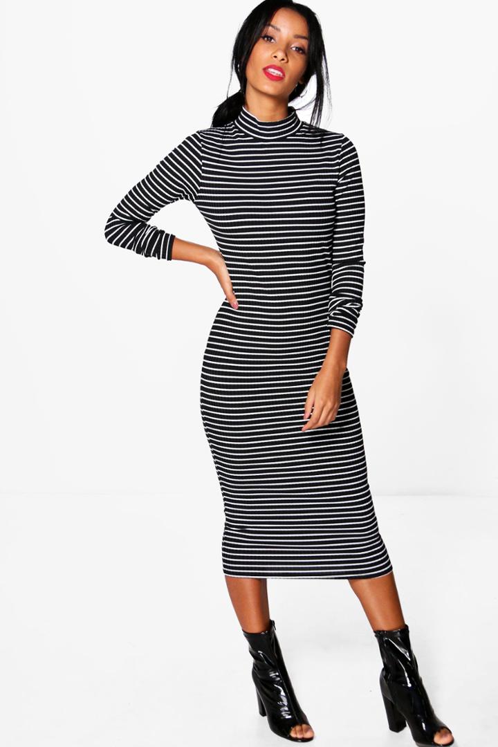Boohoo Cora High Neck Striped Ribbed Bodycon Midi Dress Black