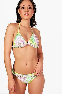 Boohoo Rome Neon Citrus Pom Pom Triangle Bikini