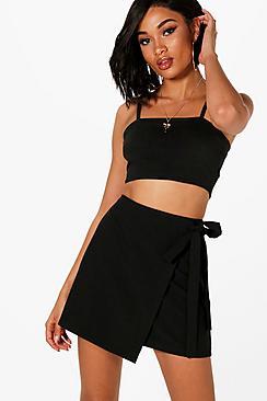 Boohoo Zeta Wrap Tie Front Woven Mini Skirt