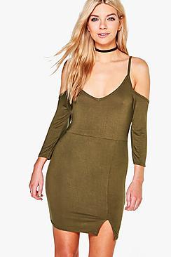 Boohoo Ellie Cold Shoulder Split Front Bodycon Dress