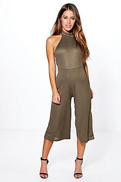Boohoo Petite Colette Halterneck Rib Jumpsuit