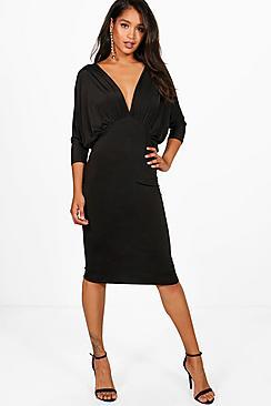Boohoo Batwing Plunge Neck Midi Dress