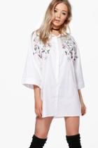 Boohoo Cait Embroidered Wide Sleeve Shirt Dress White