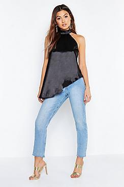 Boohoo Satin High Neck Asymmetric Top