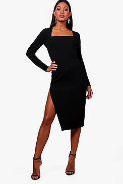 Boohoo Cyra Sqaure Neck Thigh Split Midi Dress