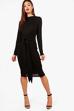 Boohoo Hailey High Neck Tie Detail Midi Dress