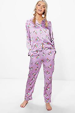 Boohoo Lily Unicorn Satin Pj Shirt And Trouser Set
