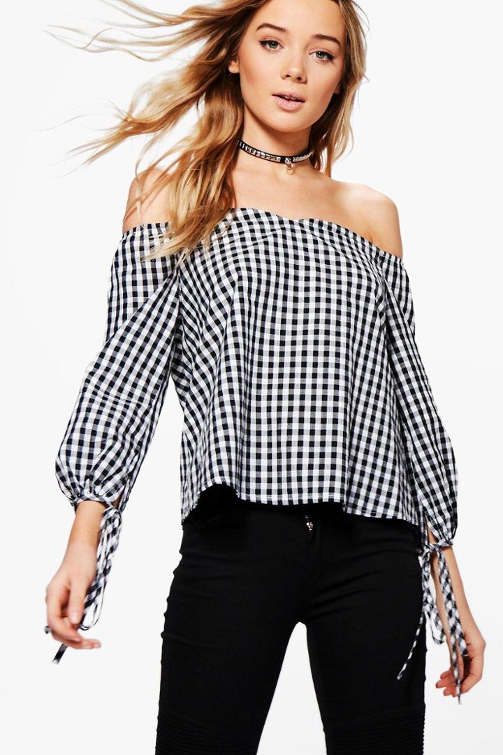 Boohoo Grace Gingham Off The Shoulder Woven Top Black
