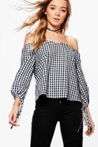 Boohoo Grace Gingham Off The Shoulder Woven Top Black