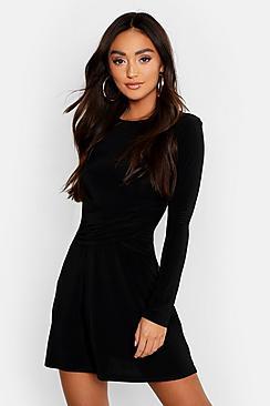 Boohoo Petite Slinky Wrap Front Swing Dress