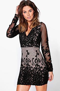 Boohoo Charlie Print Lace Detail Bodycon Dress