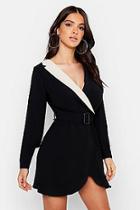 Boohoo Woven Contrast Collar Self Fabric Belt Ruffle Blazer Dress