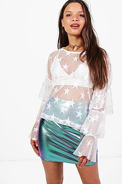 Boohoo Lexi Star Mesh Print Ruffle Top