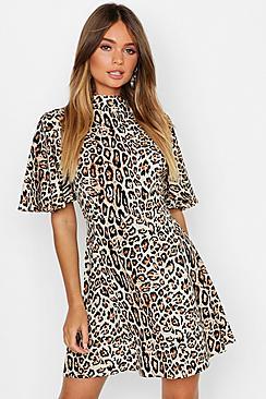 Boohoo Leopard High Neck Skater Dress