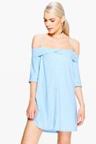 Boohoo Ivy Frill Cold Shulder Button Down Shift Dress Bluebell