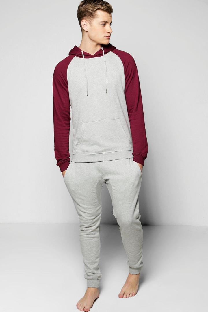 Boohoo Skinny Fit Raglan Hooded Tracksuit Burgundy