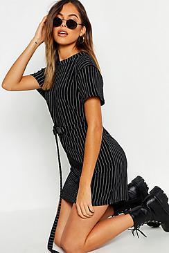 Boohoo Pinstripe Buckle Detail Belted Shift Dress