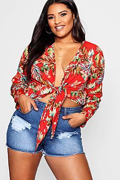 Boohoo Plus Floral Print Tie Front Blouse