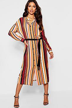 Boohoo Woven Stripe Tie Belt Shirt Dress