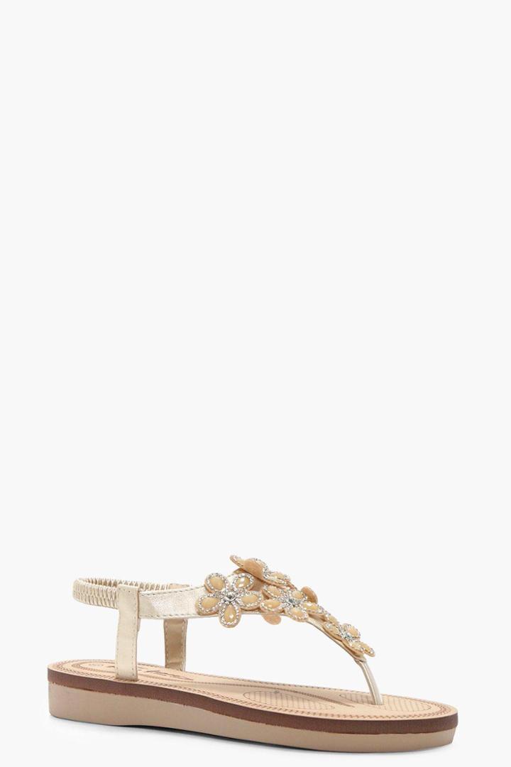 Boohoo Lilly Flower Embellished Footbed Sandal Gold