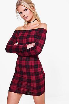 Boohoo Charlie Off Shoulder Pritned Bodycon Dress