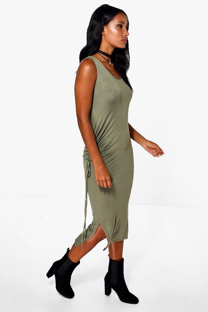 Boohoo Madeleine Rouched Side Split Midi Dress Khaki