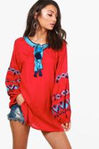 Boohoo Tall Thea Premium Embroidered Woven Top Red