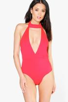 Boohoo Wendy Plunge Choker Neck Detail Scuba Body Red