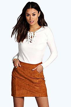 Boohoo Heidi Long Sleeved Eyelet + Lace Up Top