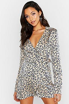 Boohoo Tall Leopard Print Wrap Playsuit